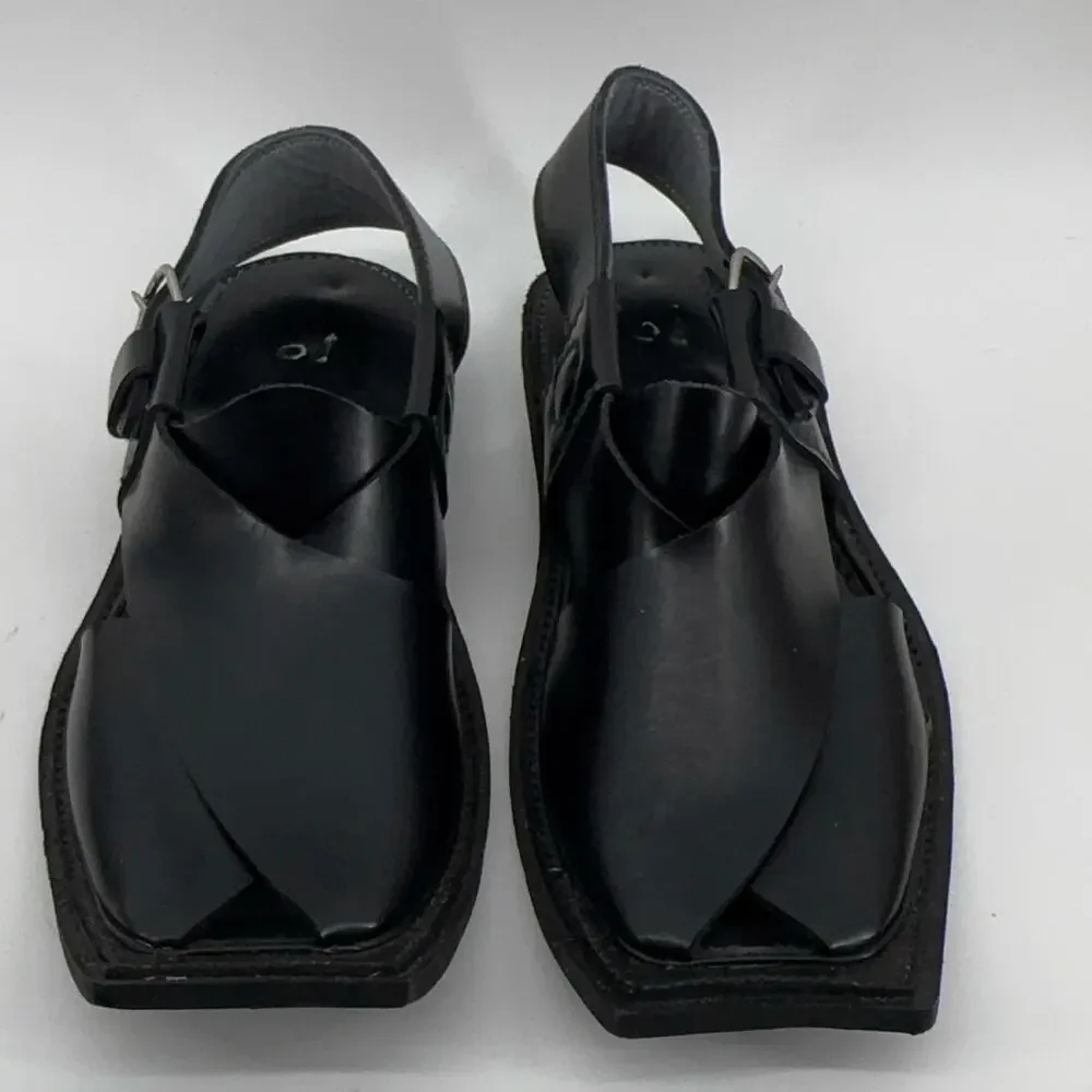 GUL Handcrafted Black Leather Peshawari Chappal Sandals Men’s Size 9 Buckle